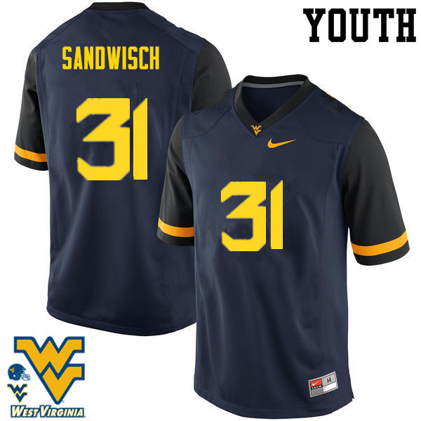 NCAA Youth Zach Sandwisch West Virginia Mountaineers Navy #31 Nike Stitched Football College Authentic Jersey TJ23Z57AT